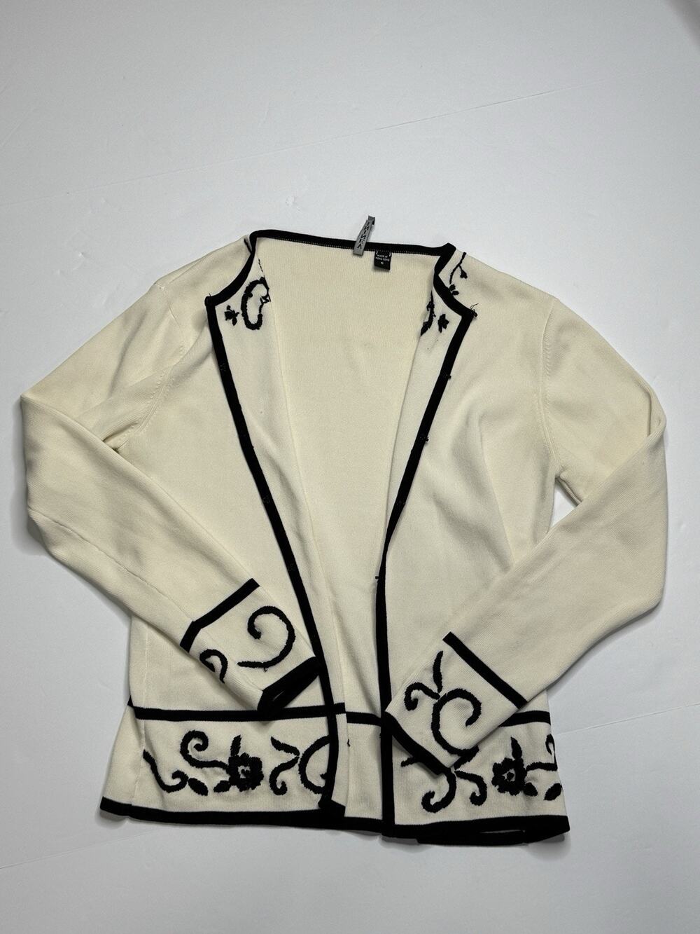 Venini Cardigan Womens S Ivory Black Embroidered Open Front Knit Sweater